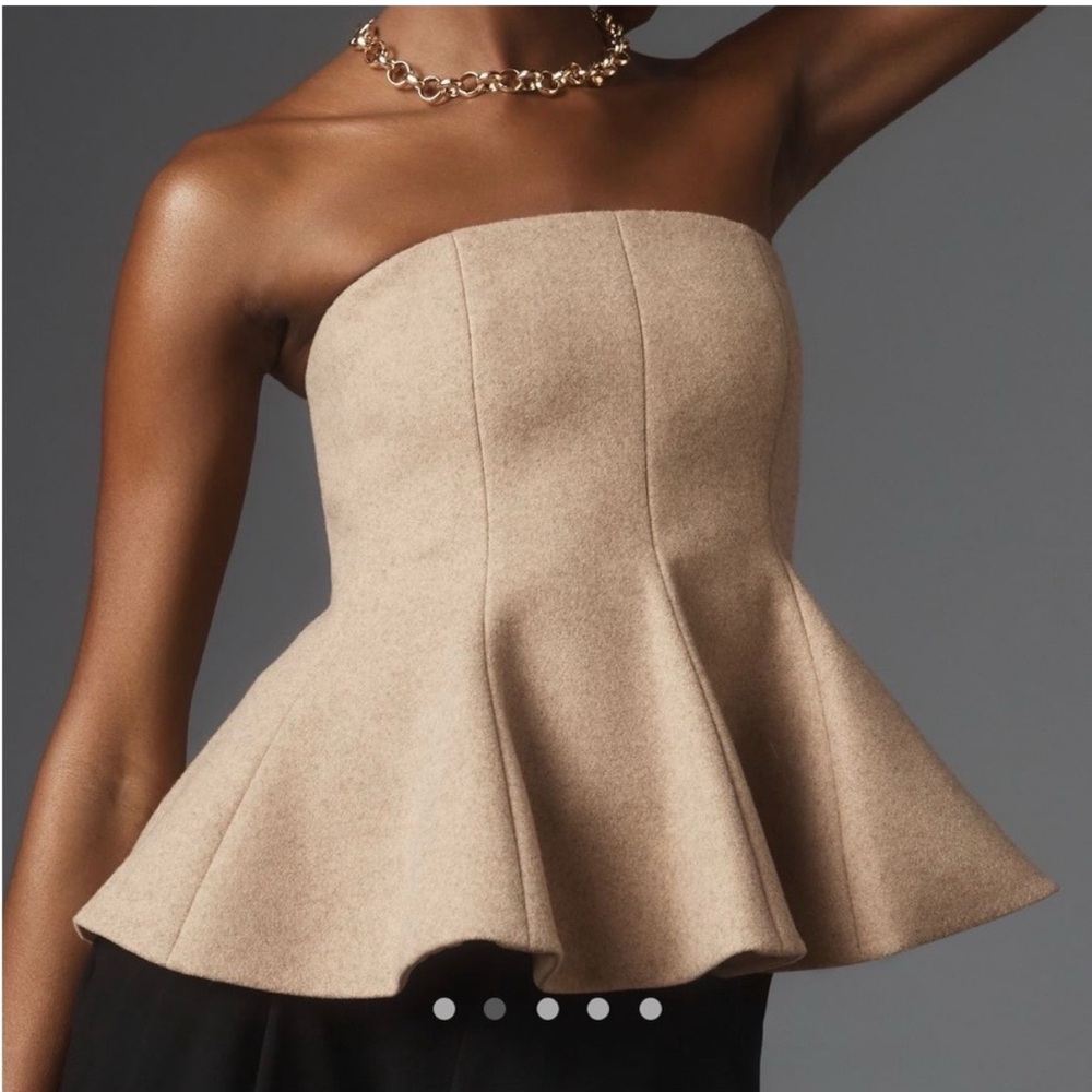 Anthropologie x Mare Mare Strapless Peplum Top in Tan